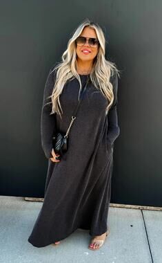 NEW Blakeley Ribbed Long Sleeve Maxi Dress - Charcoal Gray Black - Husk3